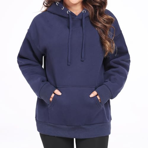 Chic Defend Damen Kapuzenpullover Oversize Fleece Hoodie Sweatshirt Winter Warm Langarm Kapuze Pullover Casual Herbst Basic Kapuzenpulli mit Taschen, Marineblau, XL von Chic Defend