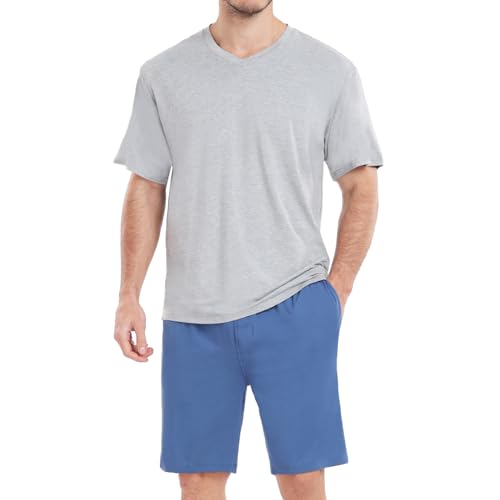 Chic Defend Schlafanzug Herren Kurz Pyjama Set Modal Weich Zweiteilig Kurzarm V-Ausschnitt T-Shirt & Shorty Schlafanzughose Sommer Loungewear für Männer Sleepwear mit Taschen, Grau + Blau, M von Chic Defend