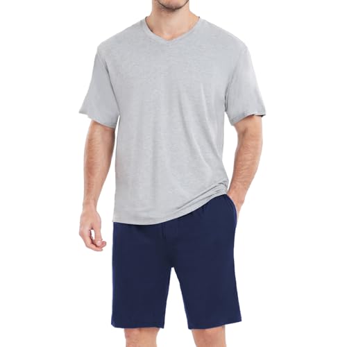 Chic Defend Schlafanzug Herren Kurz Pyjama Set Modal Weich Zweiteilig Kurzarm V-Ausschnitt T-Shirt & Shorty Schlafanzughose Sommer Loungewear für Männer Sleepwear mit Taschen, Grau + Dunkelblau, XXXL von Chic Defend