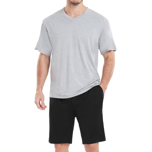 Chic Defend Schlafanzug Herren Kurz Pyjama Set Modal Weich Zweiteilig Kurzarm V-Ausschnitt T-Shirt & Shorty Schlafanzughose Sommer Loungewear für Männer Sleepwear mit Taschen, Grau + Schwarz, M von Chic Defend