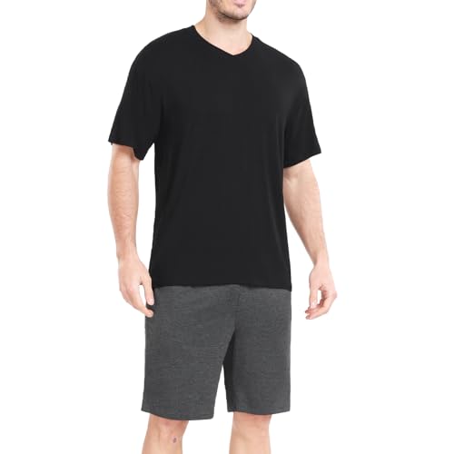 Chic Defend Schlafanzug Herren Kurz Pyjama Set Modal Weich Zweiteilig Kurzarm V-Ausschnitt T-Shirt & Shorty Schlafanzughose Sommer Loungewear für Männer Sleepwear mit Taschen, Schwarz + Dunkelgrau, M von Chic Defend