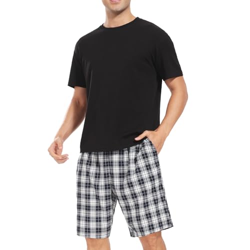 Chic Defend Schlafanzug Herren Kurz Pyjama Set Zweiteiliger mit Kurzarm T-Shirt und Karierte Schlafanzughose Sommer Sleepwear für Männer Loungewear, Schwarz + Blau Weiß Kariert, 3XL von Chic Defend