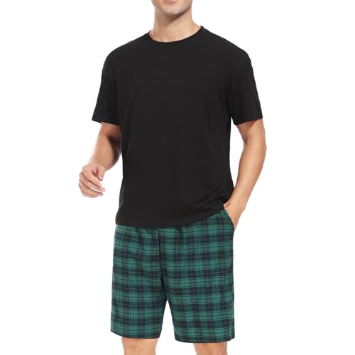 Chic Defend Schlafanzug Herren Kurz Pyjama Set Zweiteiliger mit Kurzarm T-Shirt und Karierte Schlafanzughose Sommer Sleepwear für Männer Loungewear, Schwarz + Grün Kariert, XL von Chic Defend