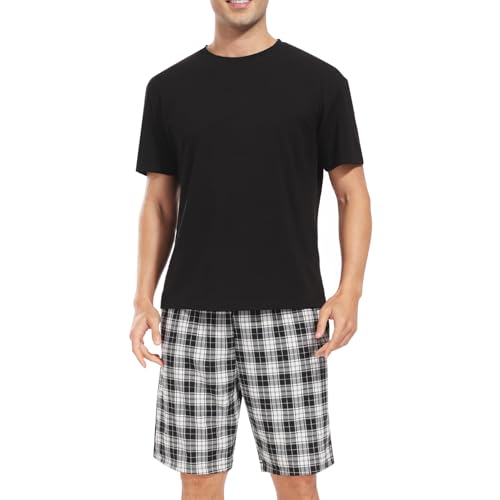 Chic Defend Schlafanzug Herren Kurz Pyjama Set Zweiteiliger mit Kurzarm T-Shirt und Karierte Schlafanzughose Sommer Sleepwear für Männer Loungewear, Schwarz + Schwarz Weiß Kariert, 3XL von Chic Defend