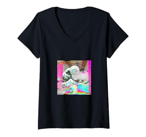 Damen Futuristische Welle Digitale Kunst Modernes Japan T-Shirt mit V-Ausschnitt Damen Futuristische Welle Digitale Kunst Modernes Japan T-Shirt mit V-Ausschnitt von Chic Futuristic and Retro Designs