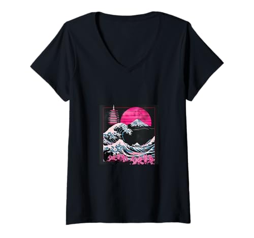 Damen Japanischer Stil Wave Digital Art Modern Japan T-Shirt mit V-Ausschnitt Damen Japanischer Stil Wave Digital Art Modern Japan T-Shirt mit V-Ausschnitt von Chic Futuristic and Retro Designs