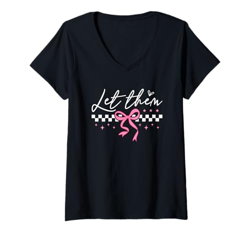 Damen Let Them Schachbrettsterne mit rosafarbenem Band T-Shirt mit V-Ausschnitt Damen Let Them Schachbrettsterne mit rosafarbenem Band T-Shirt mit V-Ausschnitt von Chic Inspirational Graphic Motif