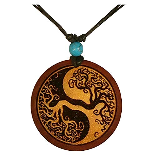 CHICNET Damen Herren Holzkette mit Türkis Stein Baumwolle Holz Anhänger in rund rotbraun - verstellbar - mit Motiv Lebensbaum Yin Yang von CHICNET
