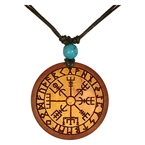 Chic-Net Damen Herren Holzkette mit Türkis Stein Baumwolle Holz Anhänger in rund rotbraun - verstellbar - mit Motiv Vegvisir von CHICNET