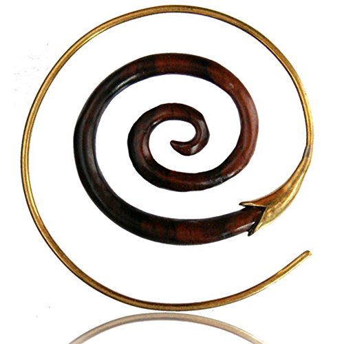 CHICNET Fake Holz Piercing Narra Wood Brass Spirale Blume golden Ohrring Organic Tribal | Unisex Damen Herren Ohrhänger Messing | Fossilien-Spirale Ohrstecker Spirale von CHICNET