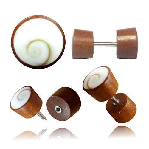 CHICNET Fake Holzplug Shivaauge Holz Plug Piercing Edelstahl Sonoholz Sawoholz Muschel | Unisex Holzplugs Damen Herren Lobe Dehner Expander braun Dunkelbraun rotbraun Shiva Auge weiß 8mm Sawoholz von CHICNET