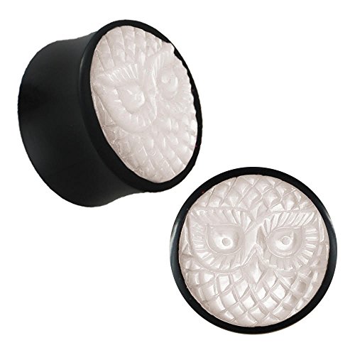 Hornplug Perlmutt Horn Eule handgeschnitzt schillernd Tunnel Plug weiß Expander | Double Flared Animal Design Earplug Muschel | Unisex Ohrplug Männer Frauen 14 mm von CHICNET