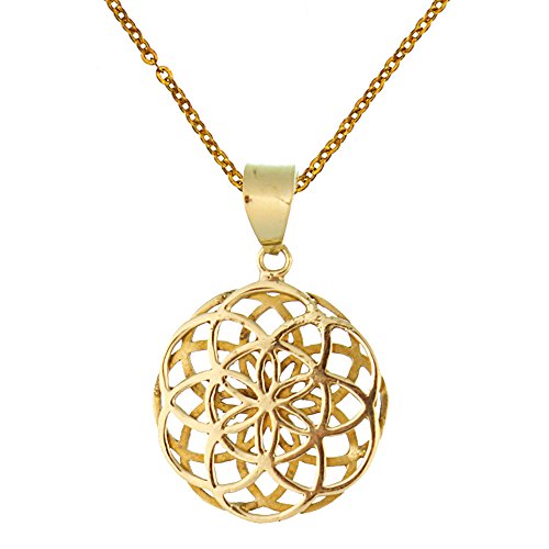 CHICNET Messing Brass Anhänger Blume des Lebens antik Gold Silber Kette Flower of Life | Unisex Halskette Lebensblume Hals Schmuck Halsschmuck Karabiner Tribal | Geschenk Frauen Männer doppelt von CHICNET