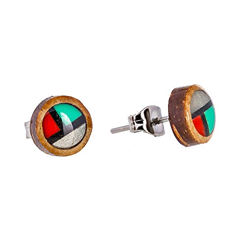 CHICNET Ohrstecker Unisex 8 mm Kokosnuss Holz Edelstahl Muschel Perlmutt Inlay rund rot grün| Lobe Piercing Damen Herren Ohr Schmuck Handarbeit Chirurgenstahl |Geschenk Ohrringe braun Muster von CHICNET