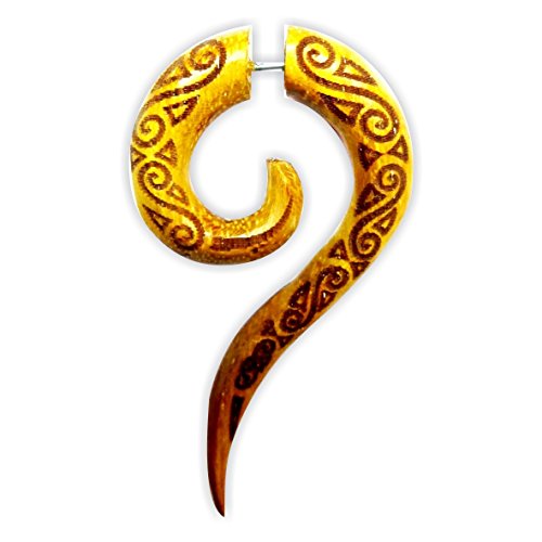 Fake Piercing Jackfrucht Holz Edelstahl handgeschnitzt groß ocker braun graviert |Herren Damen Lobe Holz Expander Dehnschnecke Spirale Dehner |unisex Ohrstecker Ohrring Ohr Schmuck lange Spirale von CHICNET