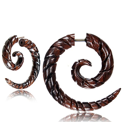 Fake Spirale Lobe Piercing Edelstahl Ohrstecker Dehnschnecke Holz Ohrring Dehner | Dehnspirale unisex Frauen Männer | 6mm 8mm Chirurgenstahl Steckverschluss Schraubverschluss Ohr Tribal Spiralen von CHICNET