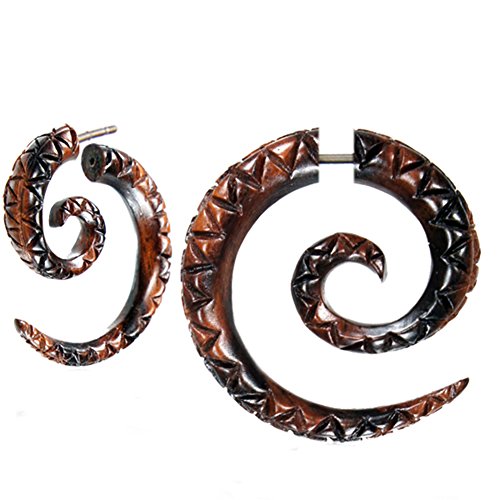 Fake Spirale Lobe Piercing Edelstahl Ohrstecker Dehnschnecke Holz Ohrring Dehner | Dehnspirale unisex Frauen Männer | 6mm 8mm Chirurgenstahl Steckverschluss Schraubverschluss Ohr Tribal Zickzack von CHICNET