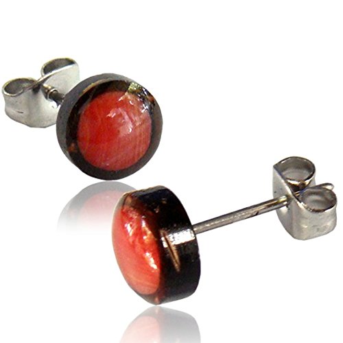 CHICNET Ohrstecker Unisex 8 mm Kokosnuss Holz Edelstahl Achat rot Stein Inlay rund | Lobe Piercing Damen Herren Ohr Schmuck Handarbeit Chirurgenstahl |Geschenk Ohrringe braun von CHICNET