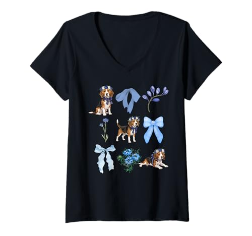 Damen Beagle Coquette Toile mit floralem Schleifenmuster T-Shirt mit V-Ausschnitt Damen Beagle Coquette Toile mit floralem Schleifenmuster T-Shirt mit V-Ausschnitt von Chic Pet Toile Studio