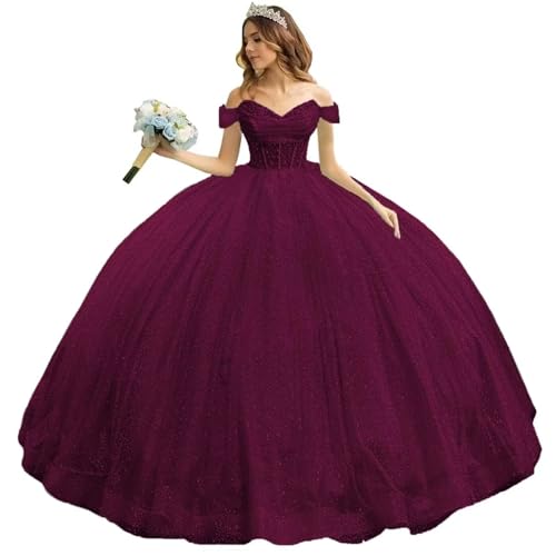 ChicFash Ballkleider mit Spitzenapplikationen für Damen, Prinzessinnen-Ballkleid für die 15./16. Klasse, Schulterfreies Quinceanera-Kleid mit Spitze und Blumen von ChicFash