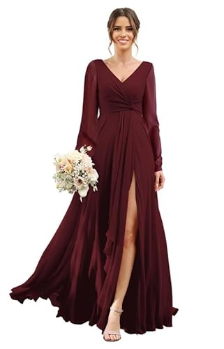 ChicFash Chiffon Brautjungfernkleider 2024 für Frauen mit Schlitz V Ausschnitt Lange Ärmel Flowy Formale Kleider mit Taschen von ChicFash
