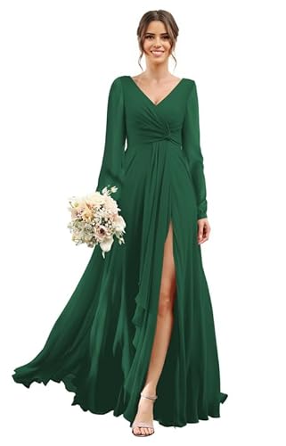 ChicFash Chiffon Brautjungfernkleider 2024 für Frauen mit Schlitz V Ausschnitt Lange Ärmel Flowy Formale Kleider mit Taschen von ChicFash