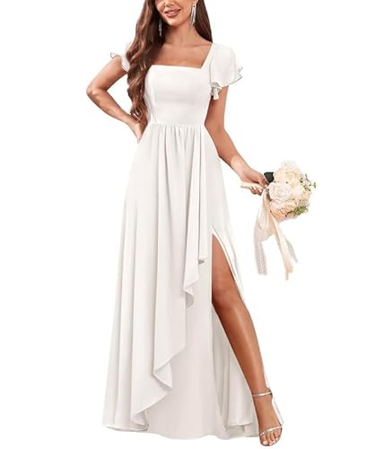 ChicFash Damen Brautjungfernkleider Quadratischer Hals Lange Chiffon Abendkleid mit Schlitz Cocktailkleid Elegant für Hochzeit von ChicFash