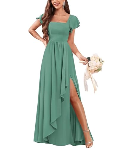 ChicFash Damen Brautjungfernkleider Quadratischer Hals Lange Chiffon Abendkleid mit Schlitz Cocktailkleid Elegant für Hochzeit von ChicFash