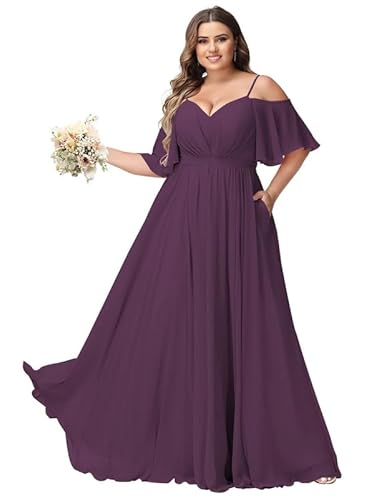 Damen Plus Size Brautjungfernkleider 2024 mit Schlitz Kalte Schulter Chiffon Formelle Partykleider mit Taschen von ChicFash