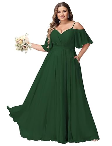 Damen Plus Size Brautjungfernkleider 2024 mit Schlitz Kalte Schulter Chiffon Formelle Partykleider mit Taschen von ChicFash