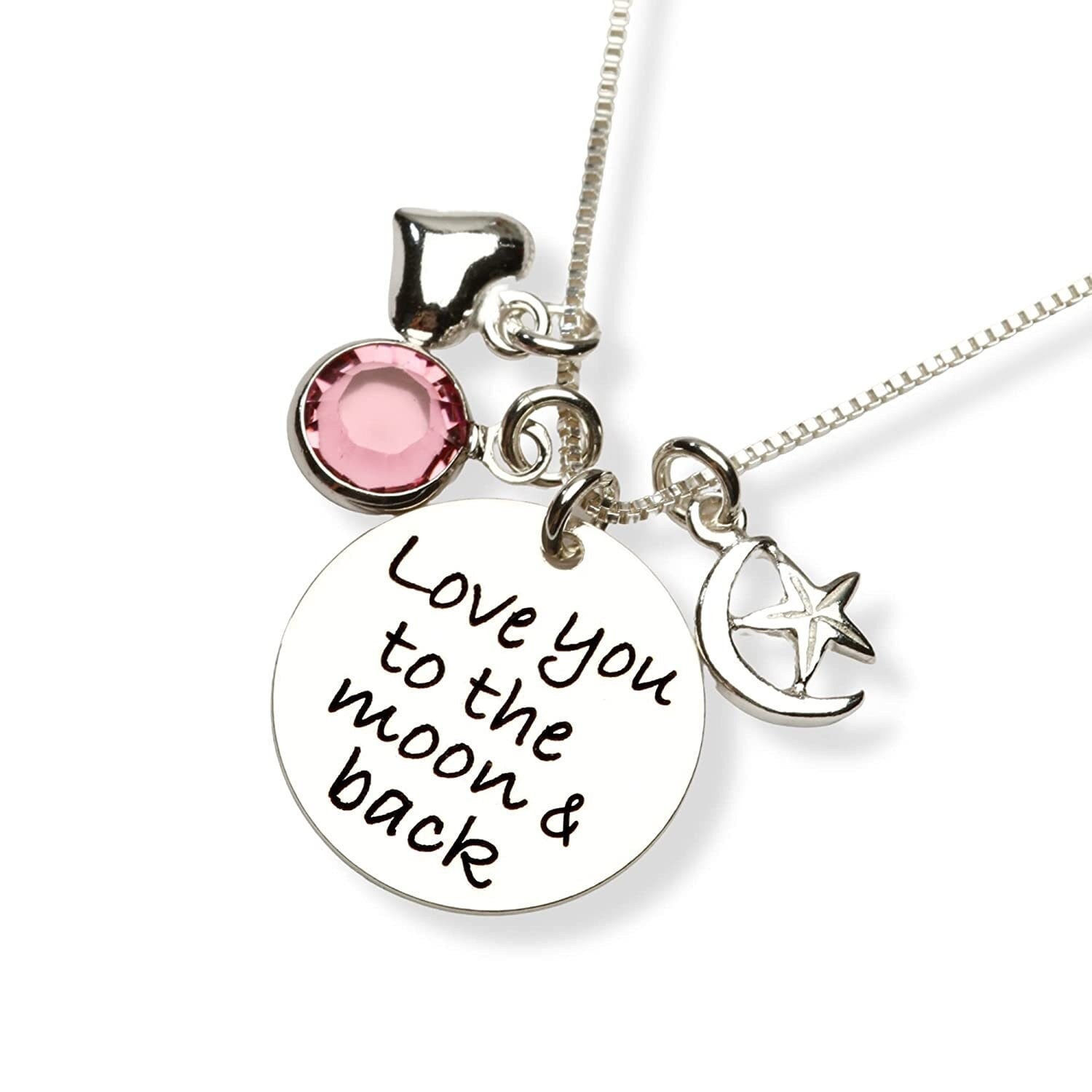 Love You To The Moon & Back Halskette Herz, Geburtsstein, Mond-Kind Halskette-Weihnachtsgeschenk Für Mädchen Mama Oma, Sterling Silber von ChicInGold