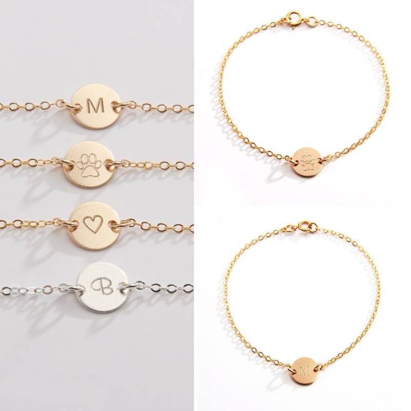 Personalisiertes Kleines Rundes Scheibenarmband-3/8 Zoll-Initiale, Hundepfote, Herz, Symbole - Gold Gefüllt, Roségold Gefüllt & Sterling von ChicInGold