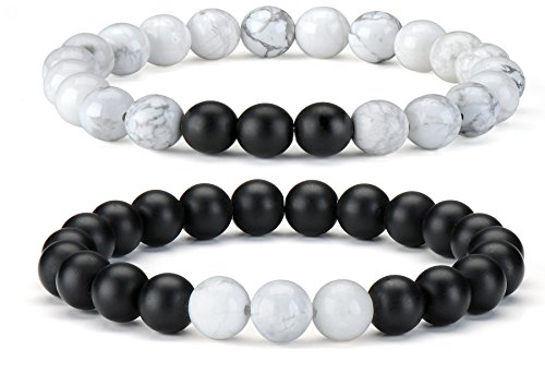 2 Pcs Paar Armband Schwarz Weiß Stein Armband Pärchen-Armbänder für Liebhaber Paar Partner Schwarz Matt Achat & Weiß Howlite 8mm von Thajaling