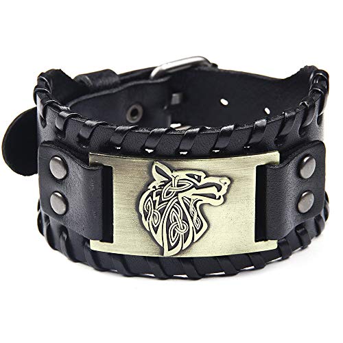 Schwarz Breit Leder Armband Metall Wolf Kopf Lederarmband für Männer und Frauen von Thajaling