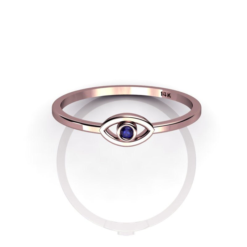 14K Rose Gold Evil Eye Ring - Saphir Center Minimalist Band Schutzamulett Schmuck von ChicJoaillerie