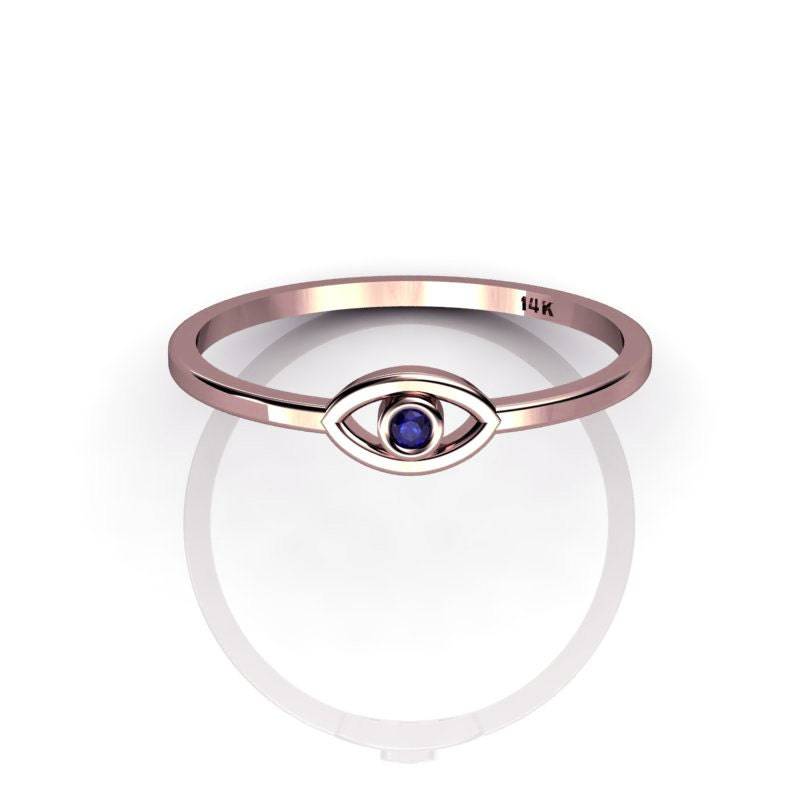 14K Rose Gold Evil Eye Ring - Saphir Center Minimalist Band Schutzamulett Schmuck von ChicJoaillerie