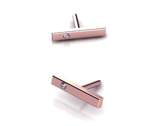 14K Rose Gold Minimalist Ohrringe Zarte Champagner Diamanten Bar Tiny von ChicJoaillerie