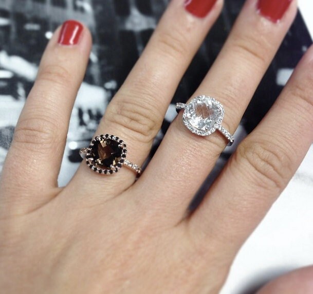 14K Rose Gold Ring Rauchquarz Schwarze Diamanten Halo Champagner Verlobungsring Moderne Braut von ChicJoaillerie