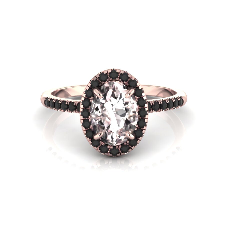 14K Rose Gold Rosa Morganit Ring - Oval Cut Mit Black Diamond Halo Hochwertiger Verlobungsring Geschenk Für Sie von ChicJoaillerie