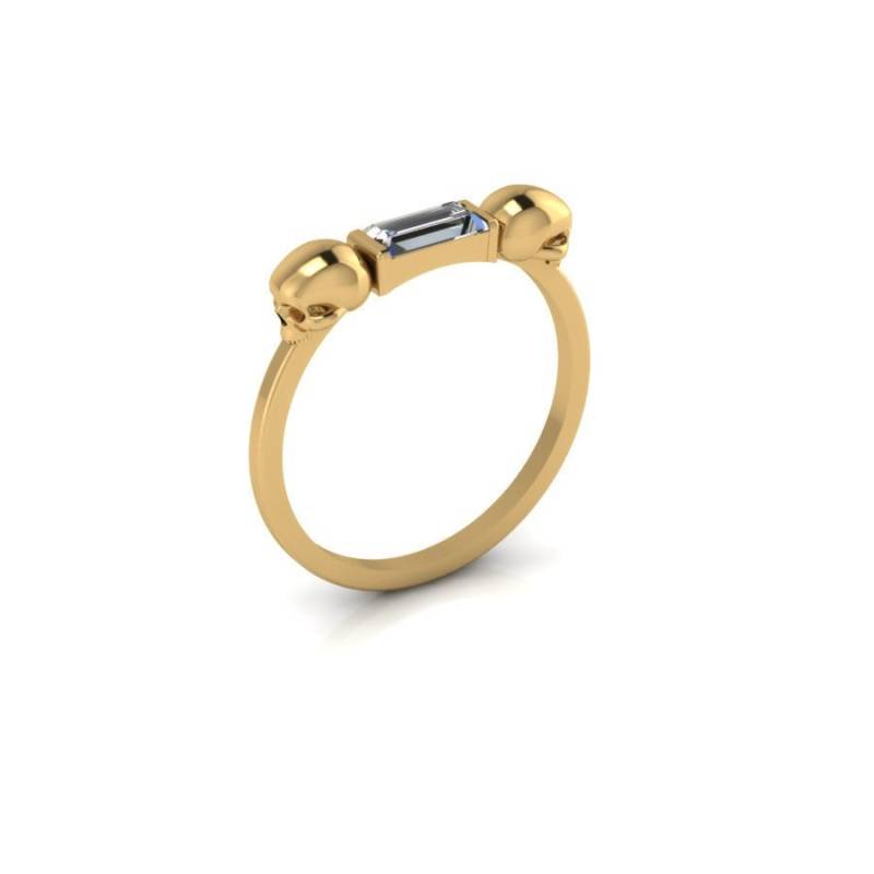 Doppel Totenkopf Ring Baguette Massiv 14K Gelbgold Goth Zarter Stapelbarer Einzigartiger Skull von ChicJoaillerie
