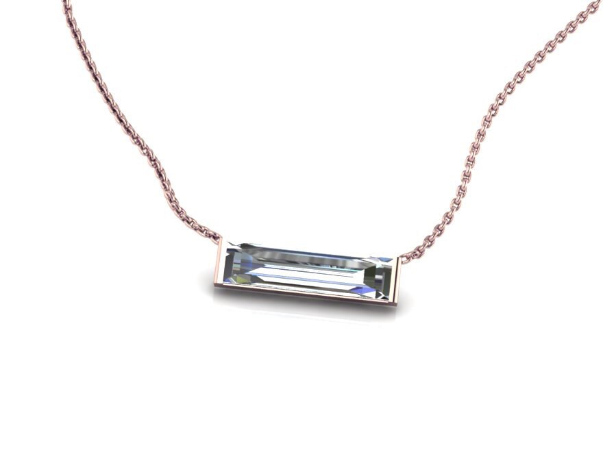 Gold Baguette Halskette 14K Rose Horizontale Anhänger Seitlich Kristall Lünette von ChicJoaillerie