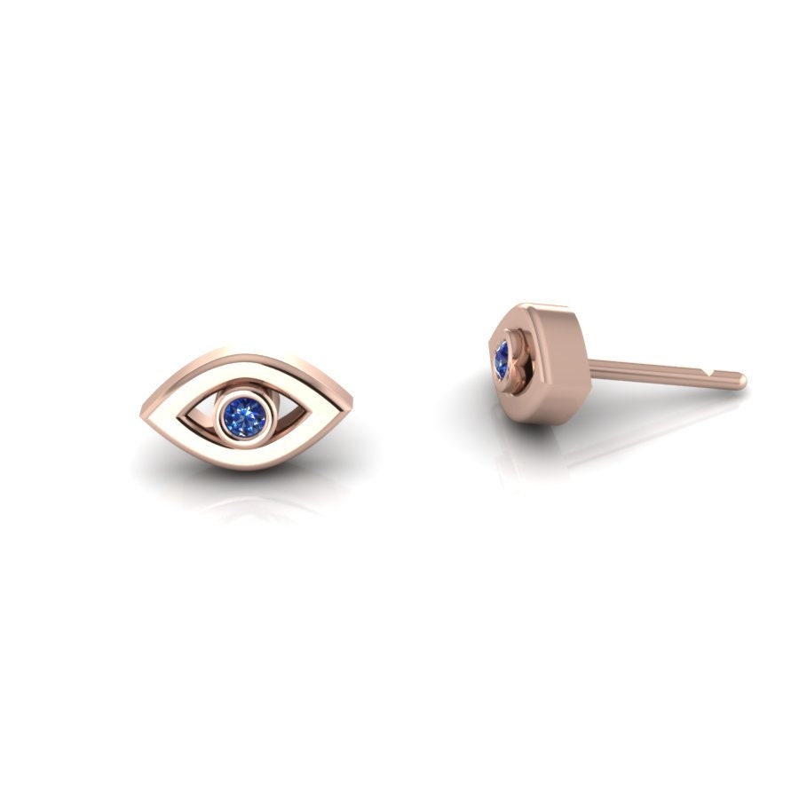 Rosegold Evil Eye Ohrringe Winzig Gold Blau Saphir Ohrstecker Simple Post von ChicJoaillerie