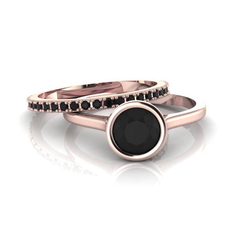 Schwarzer Diamant Ring 14K Rose Gold Hochzeit Set Eternity Matching Band von ChicJoaillerie