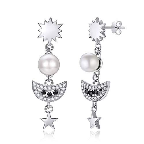 ChicSilver 33mm einzigartige Perlen Ohrring damen 925er Sterlingsilber mit Sonne, Mond und Stern von ChicSilver
