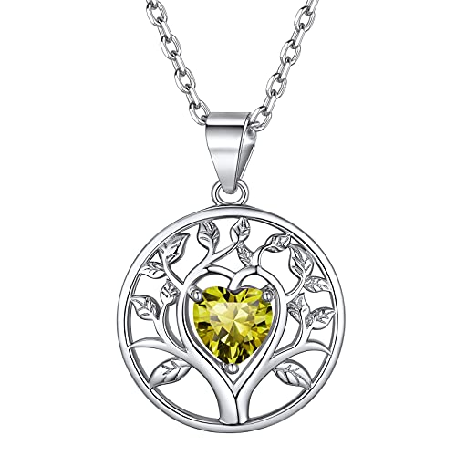 ChicSilver 925 Damen Mädchen Halskette mit Herz Peridot Gebursstein Lebensbaum Anhänger Halskette für Valentinstag Hochzeit Weihnachten von ChicSilver