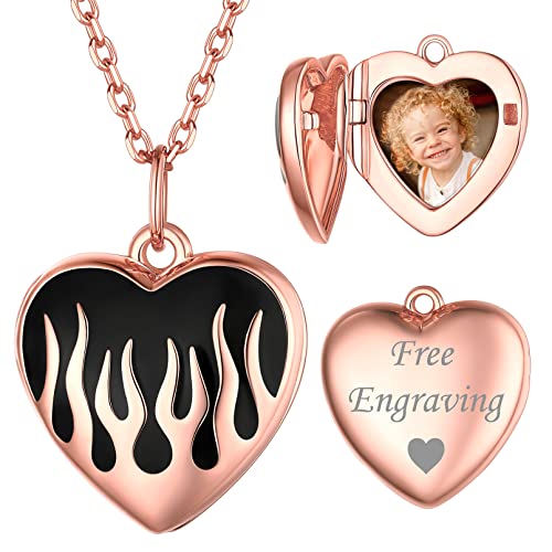 ChicSilver 925 Silber Bild Medaillon Rosegold Herzanhänger mit Flamme Design Damen Amulett personalisierter Fotoanhänger mit Geschenkebox für Freundin Ehefrau von ChicSilver