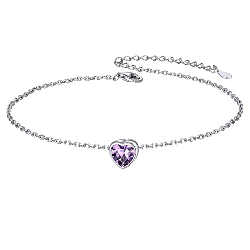 ChicSilver 925 Silber Fußkettchen für Damen Mädchen, Herz Rolokette Fußketten mit Amethyst Geburtsstein, Sommer Strand Fußschmuck mit Geschenkebox für Valentinstag Geburtsstag von ChicSilver