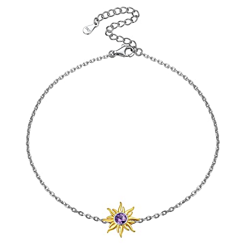 ChicSilver 925 Silber Fußkettchen für Damen Mädchen, Sonne Fußketten mit Amethyst Geburtsstein, Sommer Strand Fußschmuck mit Geschenkebox für Valentinstag Geburtsstag von ChicSilver