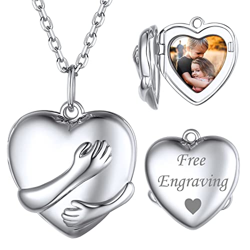 ChicSilver 925 Silber Herz Umarmung Halskette Photo Amulett mit Gravur Damen Mädchen Herzform Fotoanhänger mit Gravur für Weihnachten Geburtstag Valentinstag von ChicSilver