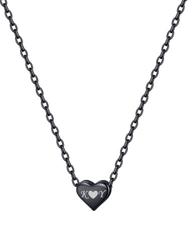 ChicSilver Damen Herz Kette, Schwarz Halskette mit Herz Anhänger, Kleiner Herz Anhänger mit Rolokette mit Gravur Minimalisitischer Schmuck für Mädchen Frauen von ChicSilver